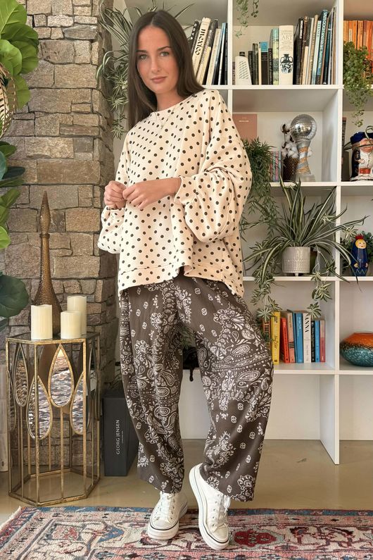 Scamp Lantern Sweatshirt Polka Dot Stone & Chocolate -